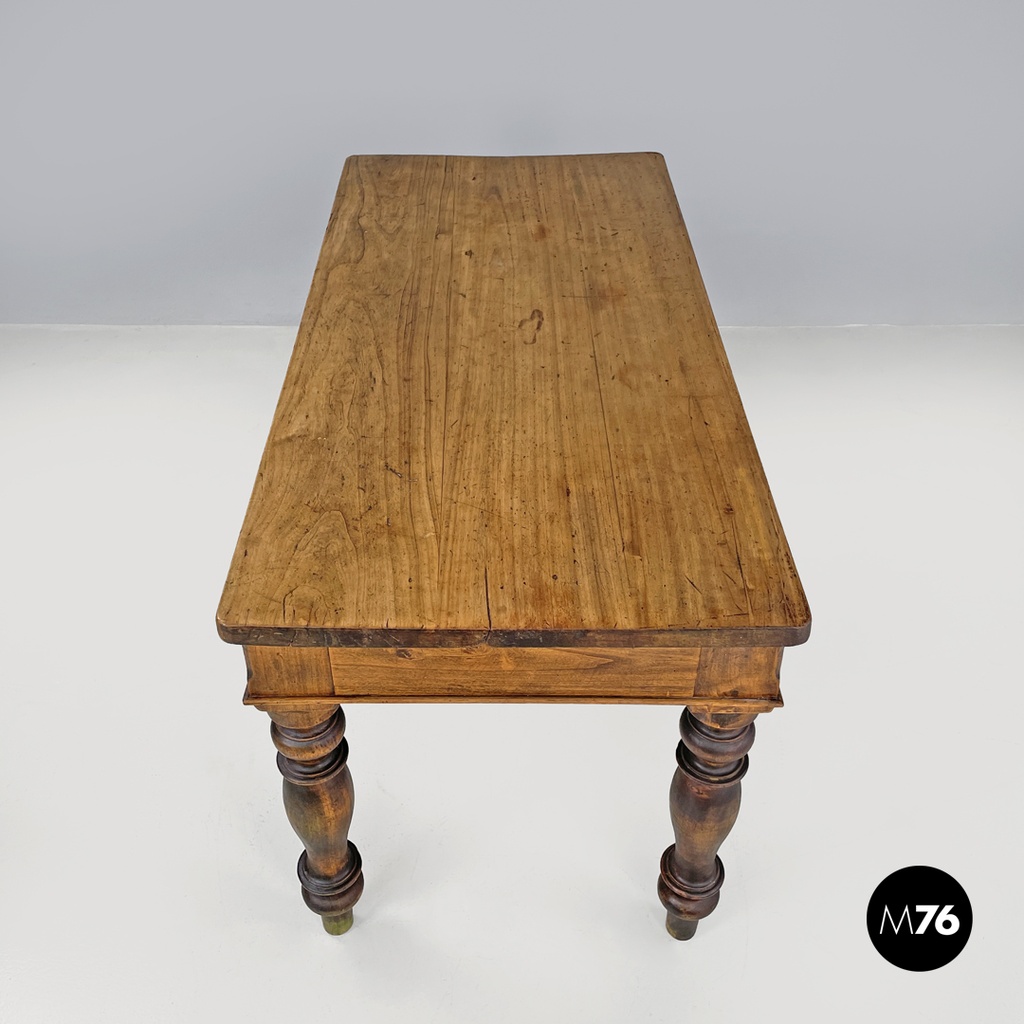 Italian antique wooden dining table with one drawer and brass handle, 1800s