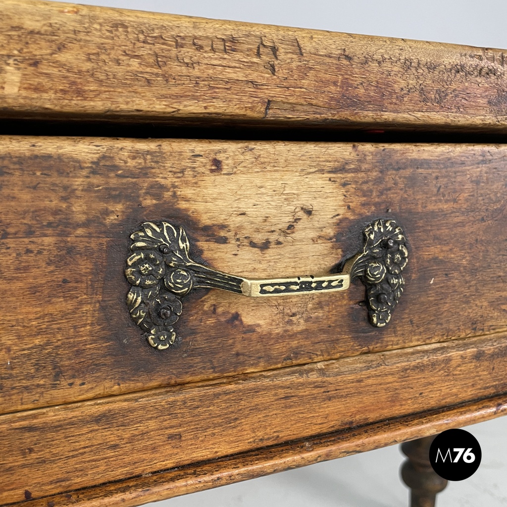 Italian antique wooden dining table with one drawer and brass handle, 1800s