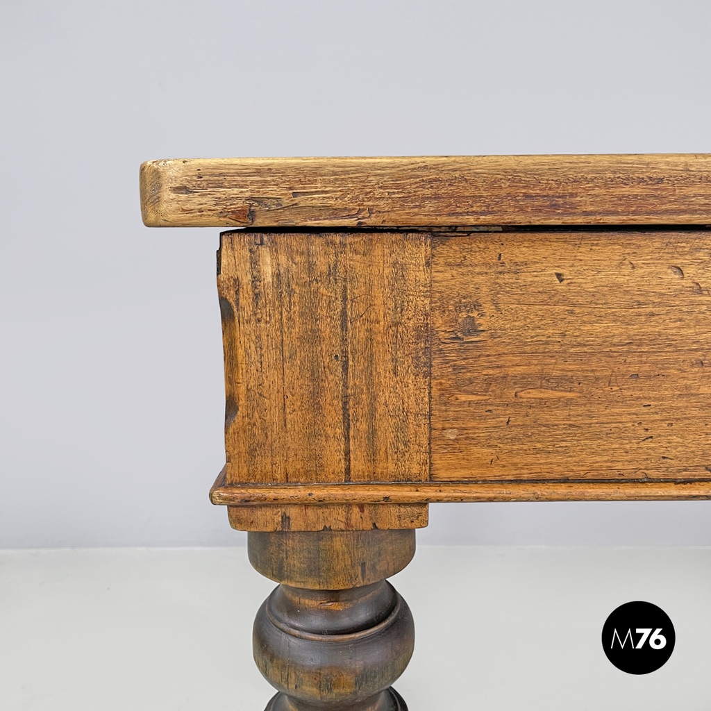 Italian antique wooden dining table with one drawer and brass handle, 1800s