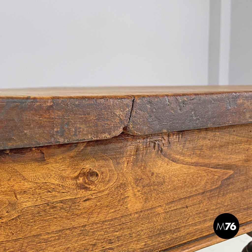 Italian antique wooden dining table with one drawer and brass handle, 1800s