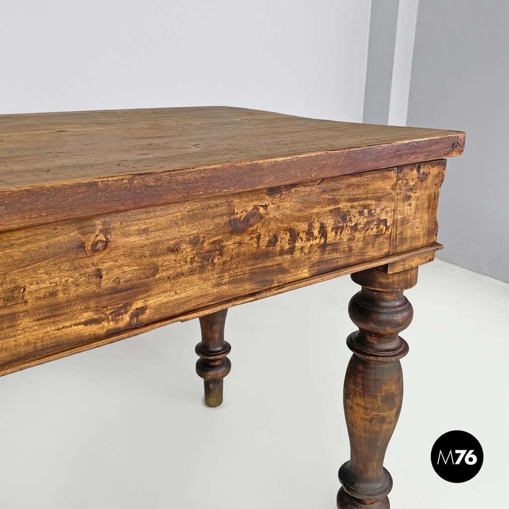 Italian antique wooden dining table with one drawer and brass handle, 1800s