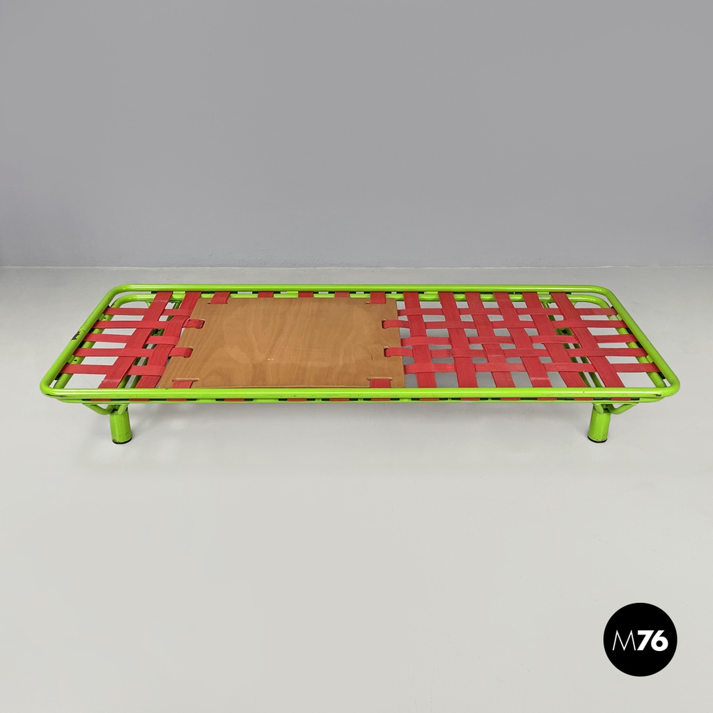 Italian modern green daybed or bed in metal and wood with red straps, 1980s