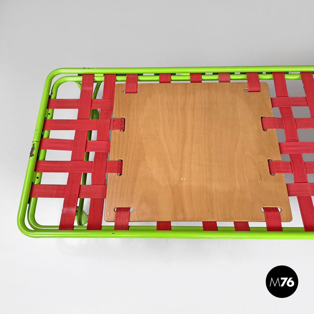 Italian modern green daybed or bed in metal and wood with red straps, 1980s