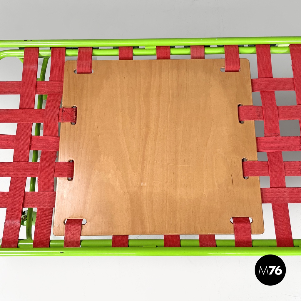 Italian modern green daybed or bed in metal and wood with red straps, 1980s