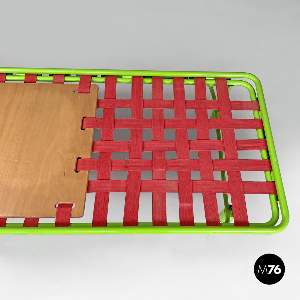 Italian modern green daybed or bed in metal and wood with red straps, 1980s