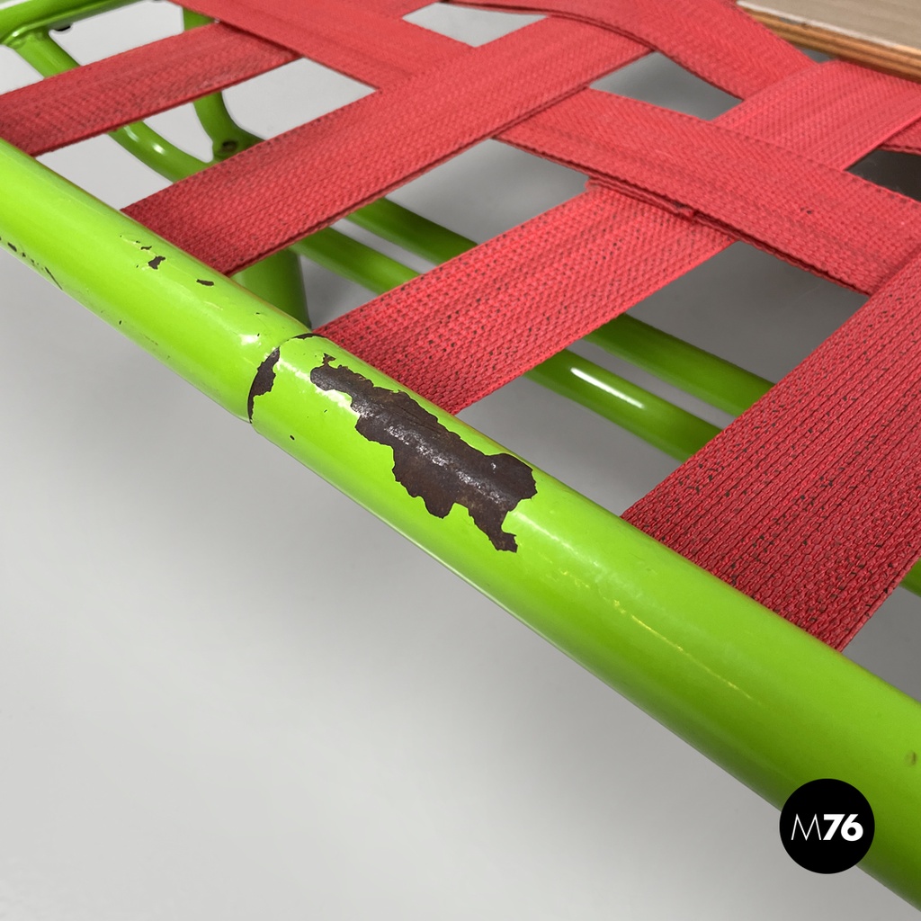 Italian modern green daybed or bed in metal and wood with red straps, 1980s