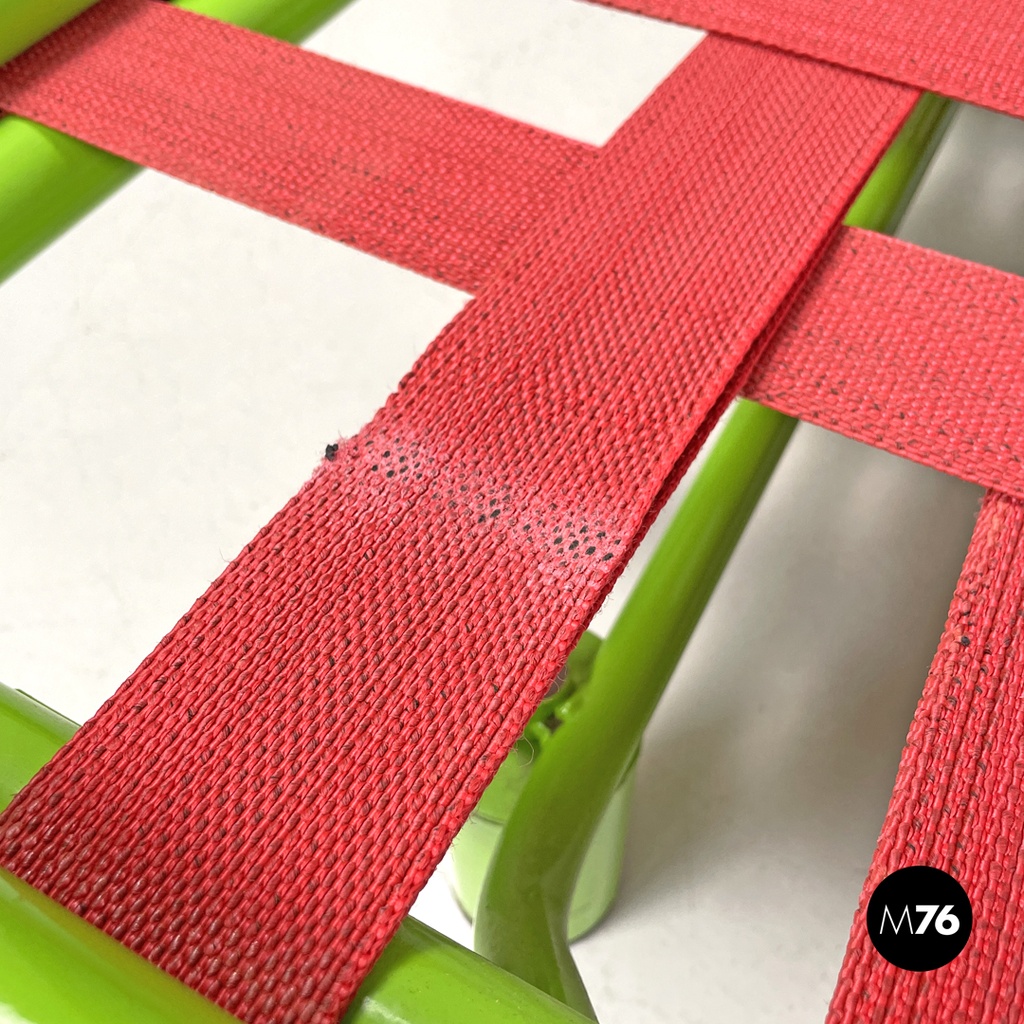 Italian modern green daybed or bed in metal and wood with red straps, 1980s