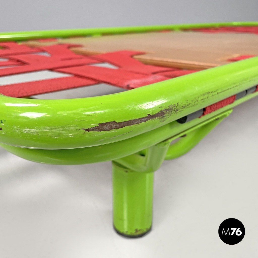 Italian modern green daybed or bed in metal and wood with red straps, 1980s