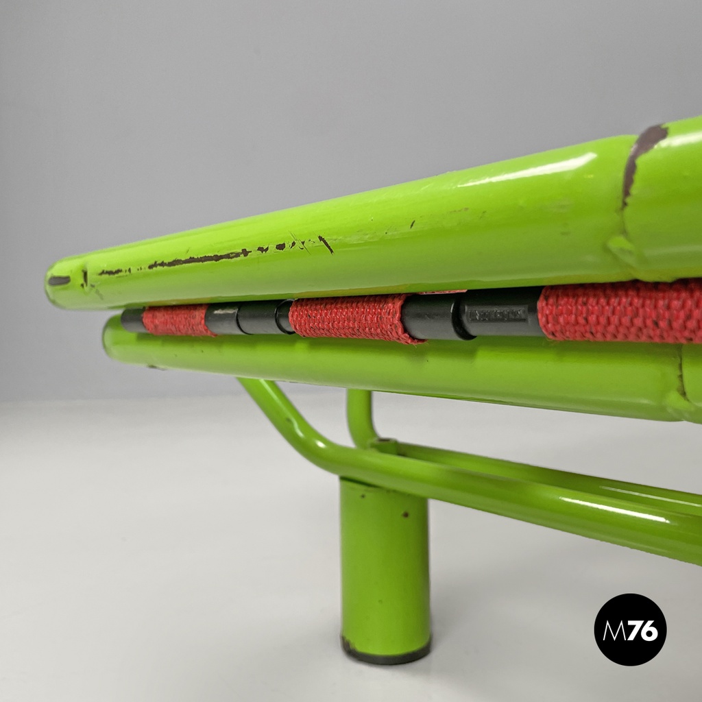 Italian modern green daybed or bed in metal and wood with red straps, 1980s