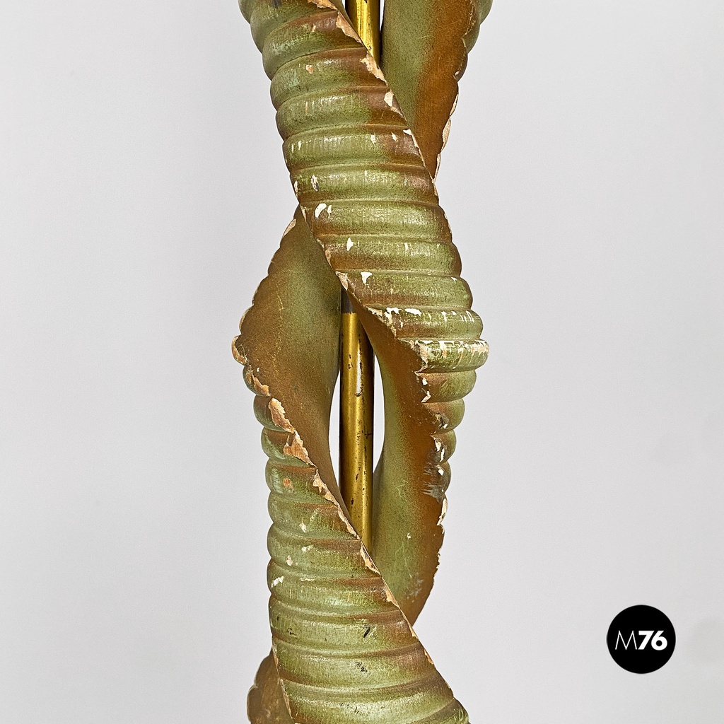 Italian mid-century modern twisted green wood, fabric & brass floor lamp, 1950s