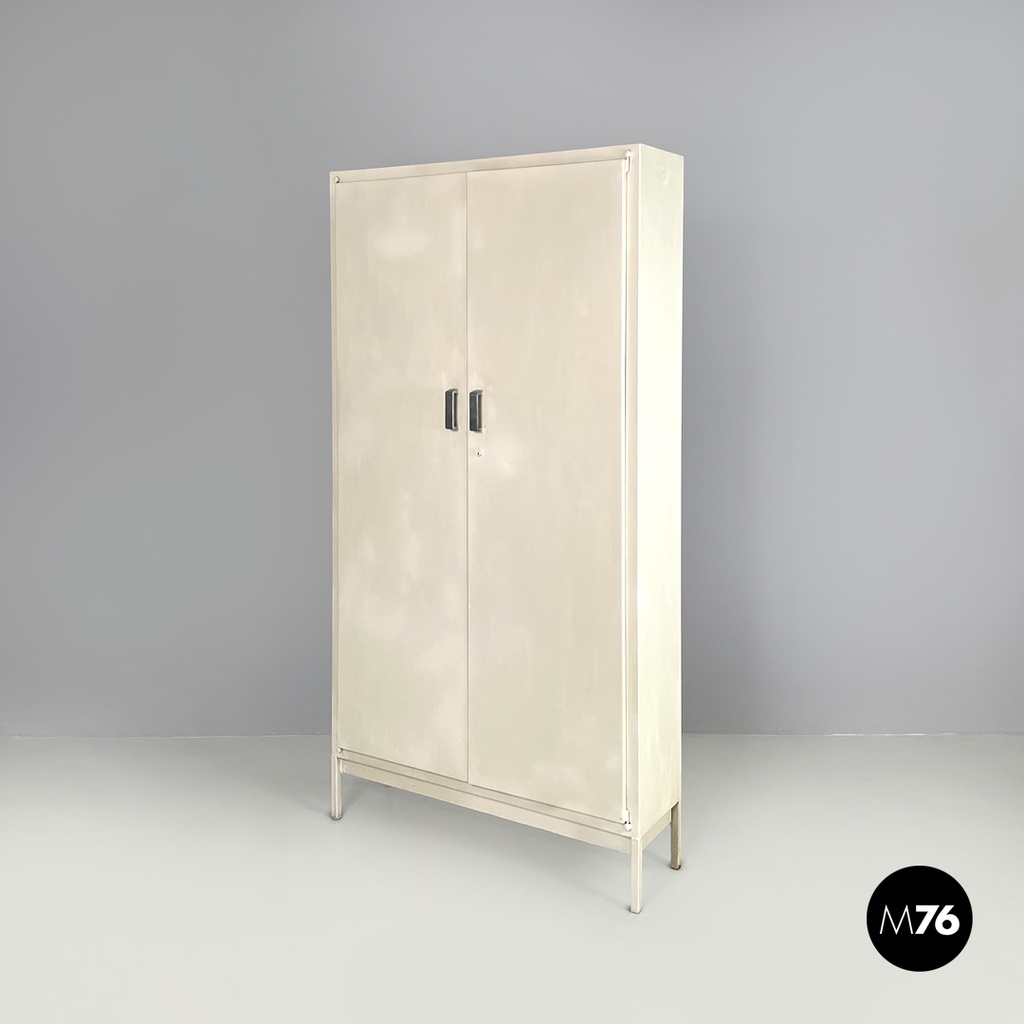 Italian mid-century modern white industrial bathroom two doors cabinet, 1960s
