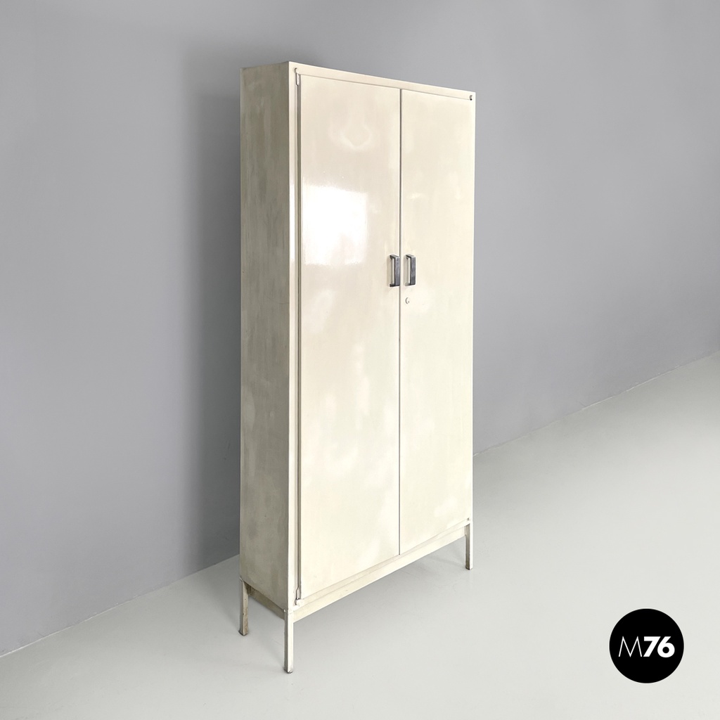 Italian mid-century modern white industrial bathroom two doors cabinet, 1960s