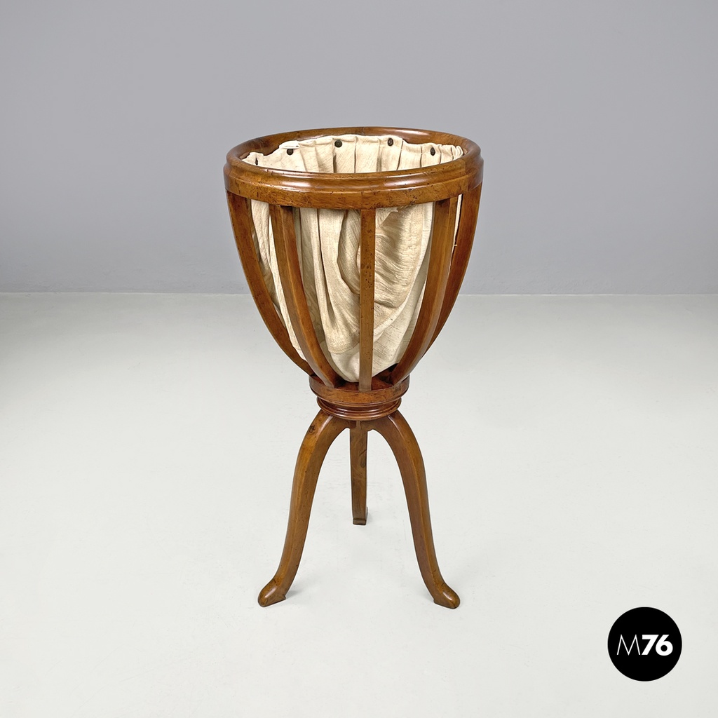 Italian antique sewing stand with wood basket and fabric lining, 1800s