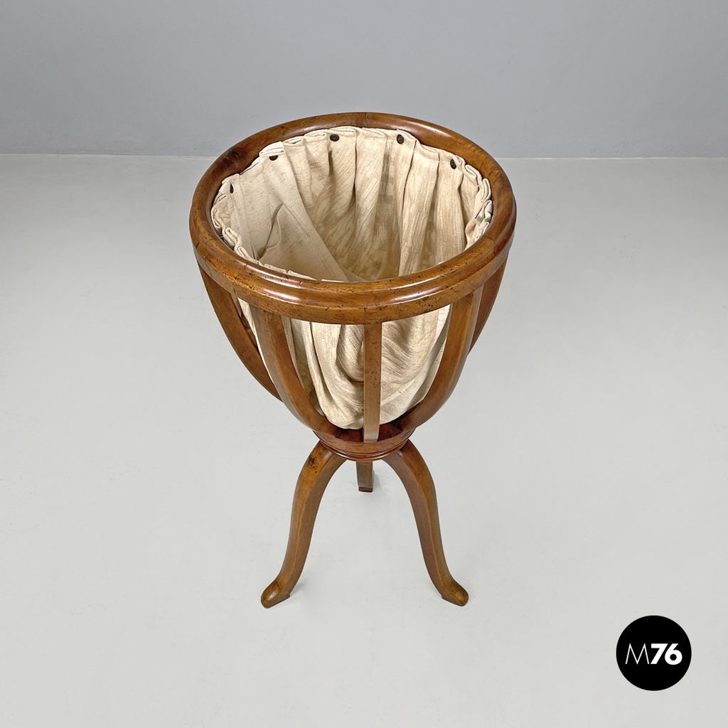Italian antique sewing stand with wood basket and fabric lining, 1800s
