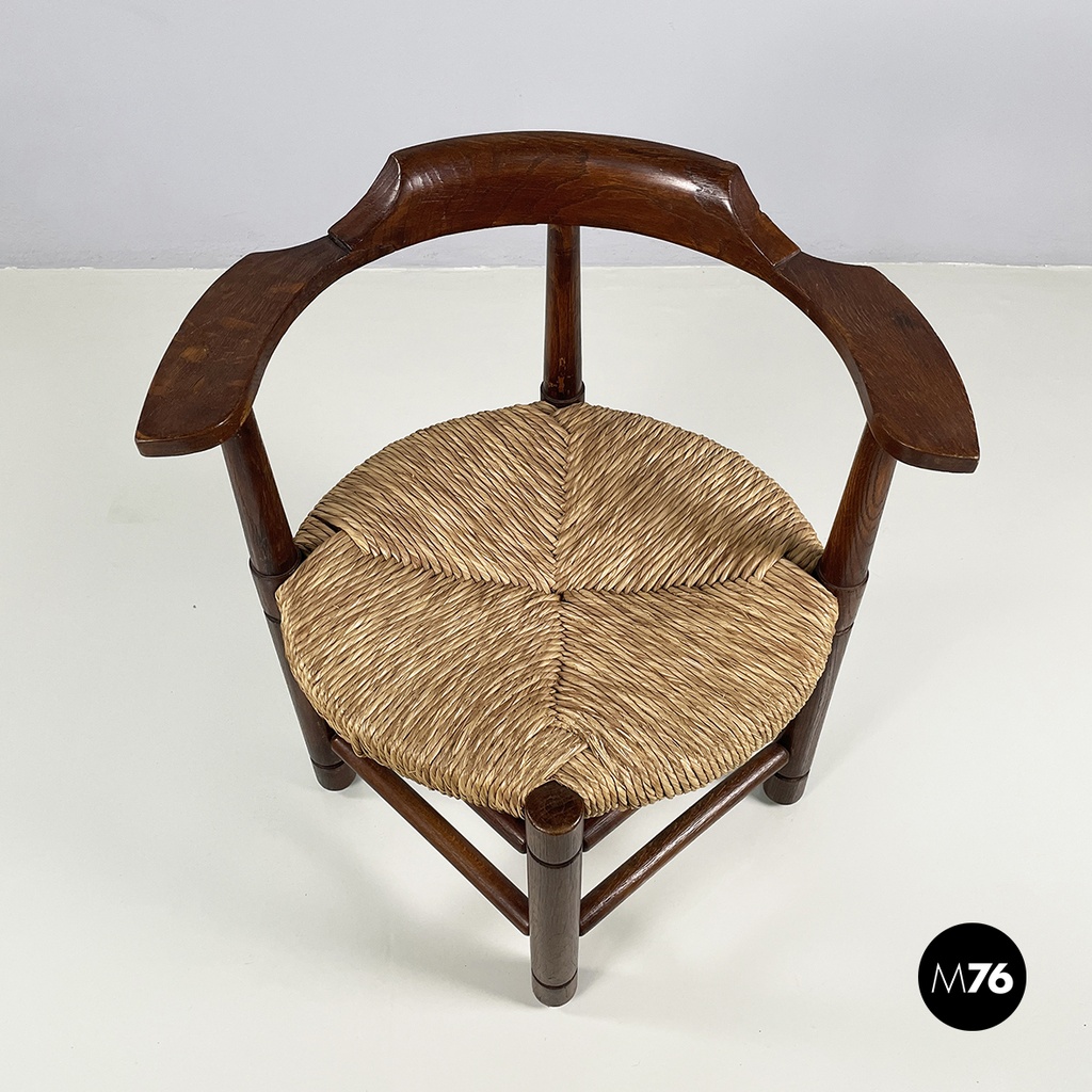 Italian mid-century modern Tub chairs in straw and wood, 1970s