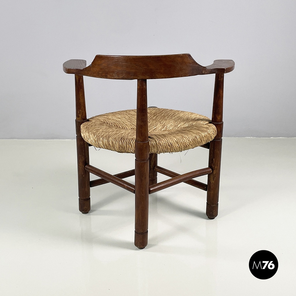 Italian mid-century modern Tub chairs in straw and wood, 1970s