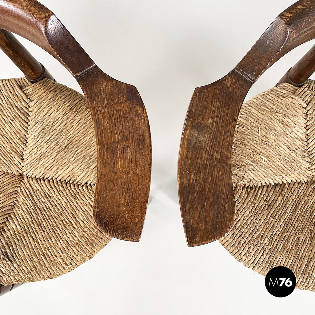 Italian mid-century modern Tub chairs in straw and wood, 1970s