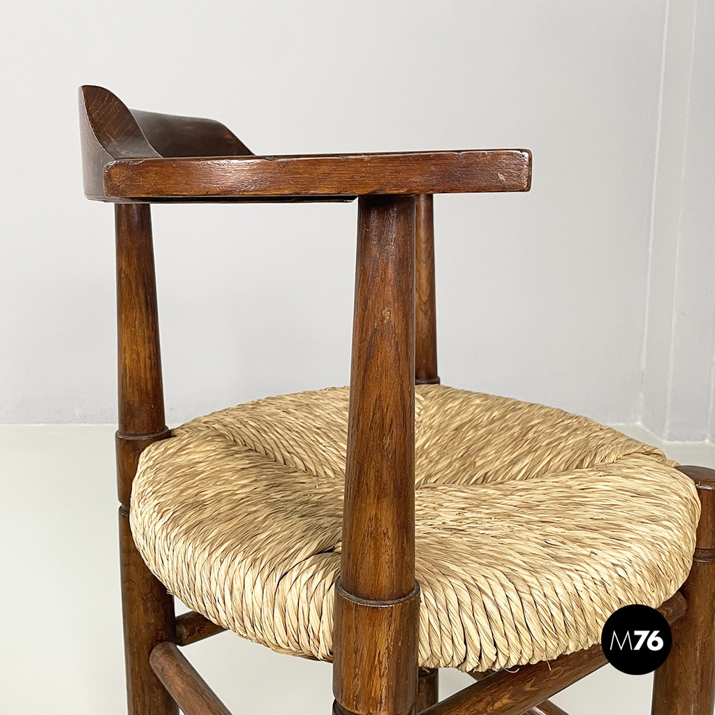Italian mid-century modern Tub chairs in straw and wood, 1970s