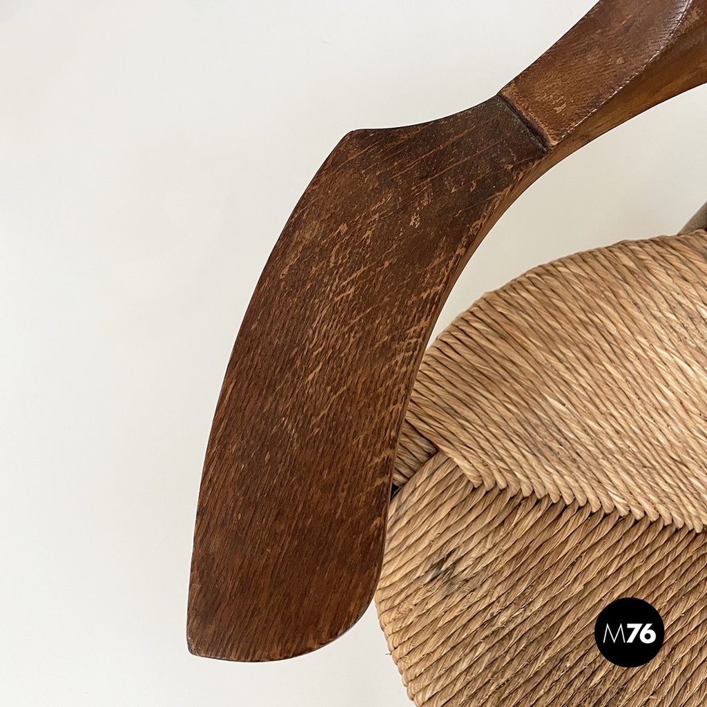 Italian mid-century modern Tub chairs in straw and wood, 1970s