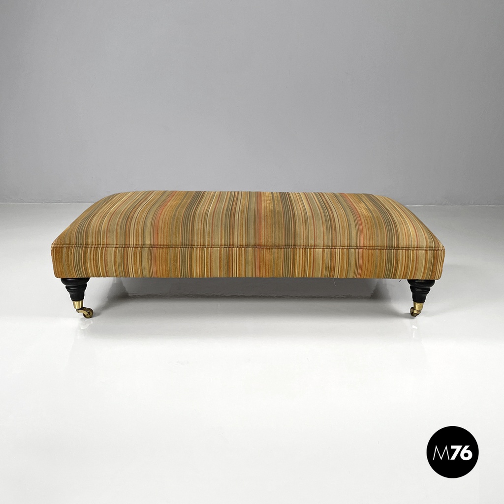 Italian modern pouf on brass wheels with orange and brown striped fabric, 1970s
