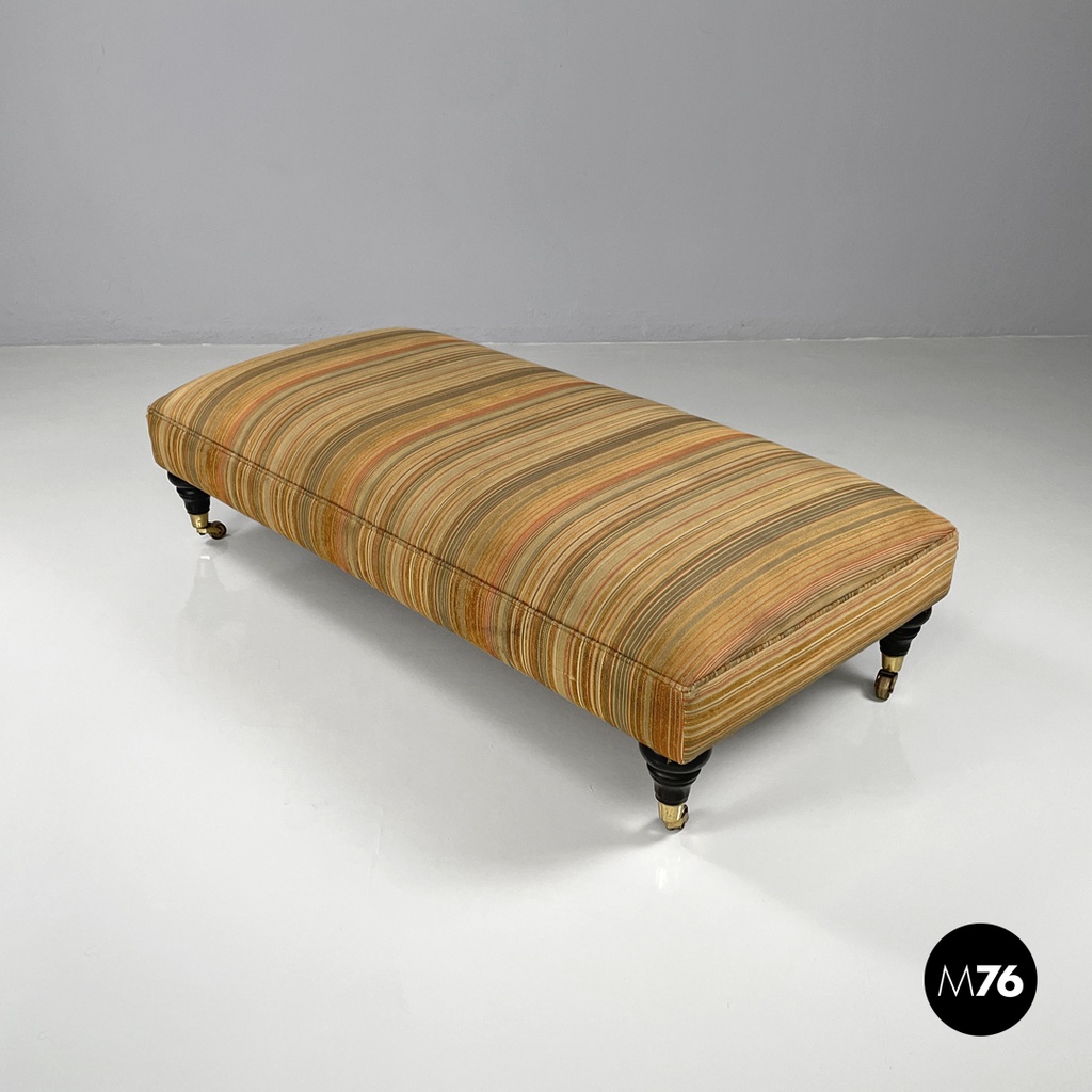 Italian modern pouf on brass wheels with orange and brown striped fabric, 1970s