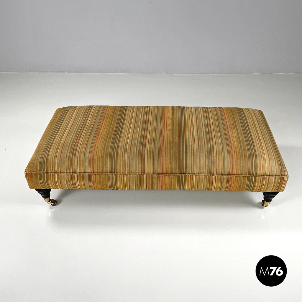 Italian modern pouf on brass wheels with orange and brown striped fabric, 1970s