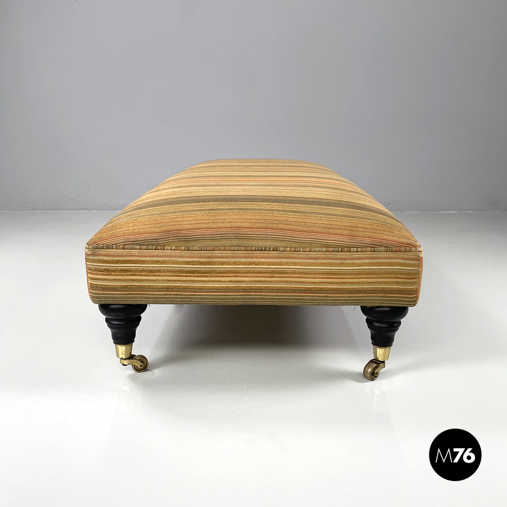 Italian modern pouf on brass wheels with orange and brown striped fabric, 1970s
