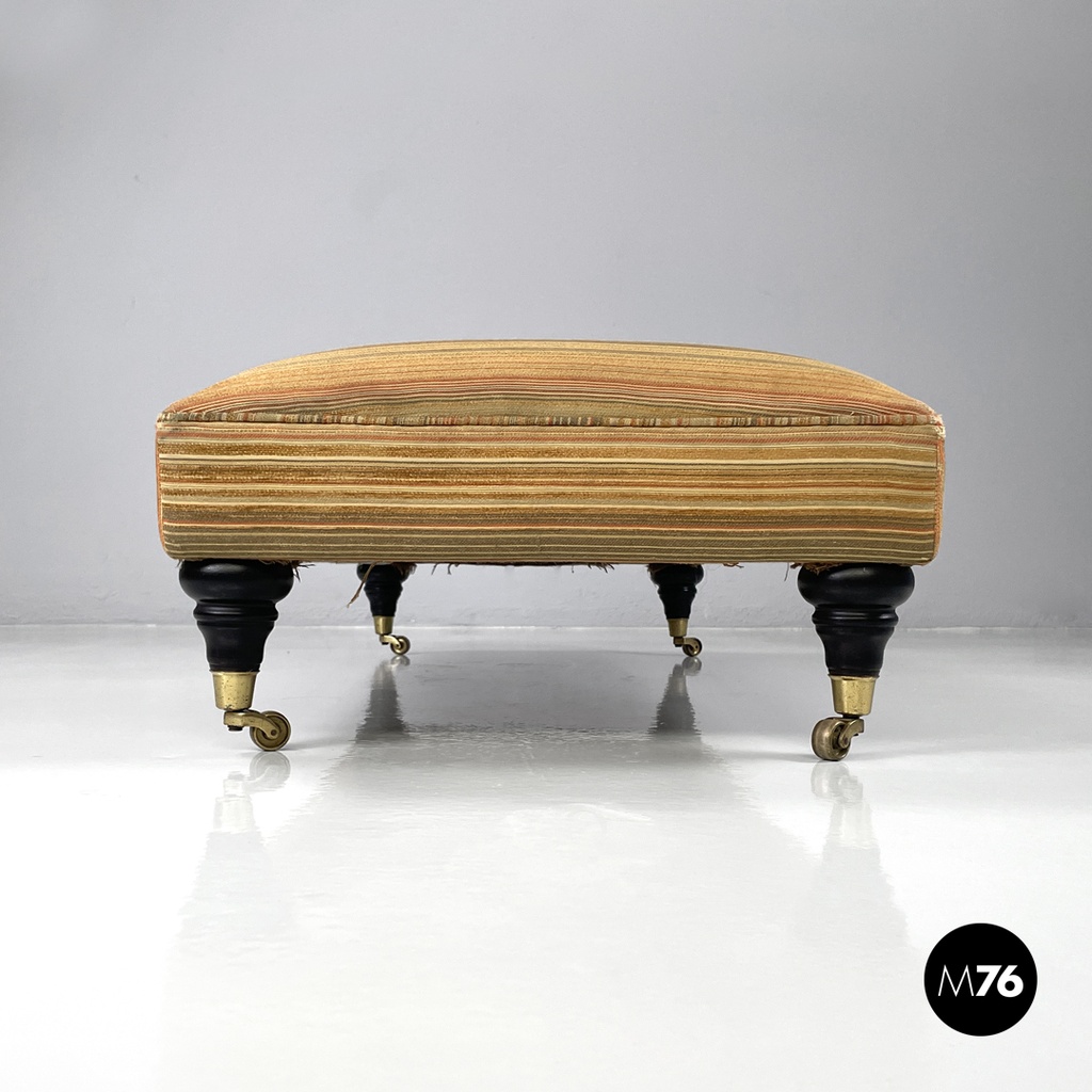 Italian modern pouf on brass wheels with orange and brown striped fabric, 1970s