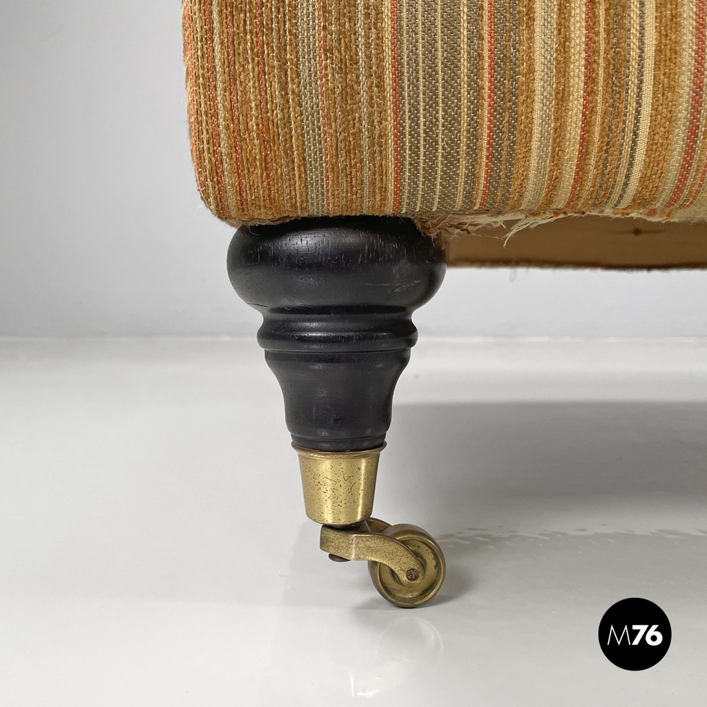 Italian modern pouf on brass wheels with orange and brown striped fabric, 1970s
