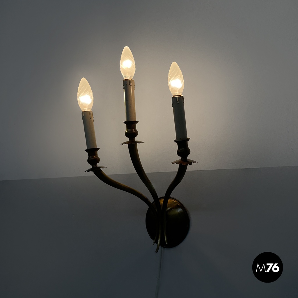 Italian modern three-armed decorated brass wall light with wooden candles, 1970s