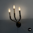 Italian modern three-armed decorated brass wall light with wooden candles, 1970s