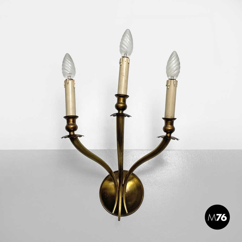 Italian modern three-armed decorated brass wall light with wooden candles, 1970s