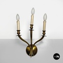 Italian modern three-armed decorated brass wall light with wooden candles, 1970s