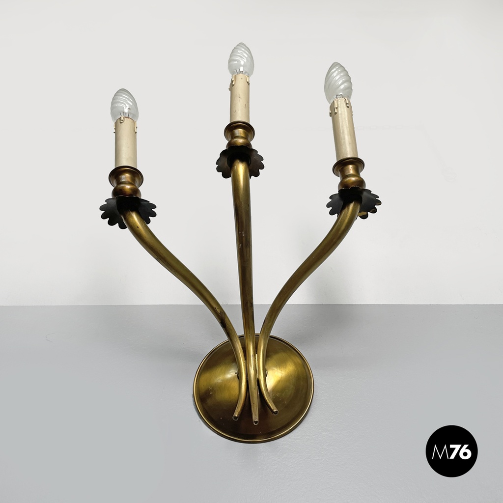 Italian modern three-armed decorated brass wall light with wooden candles, 1970s