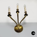 Italian modern three-armed decorated brass wall light with wooden candles, 1970s