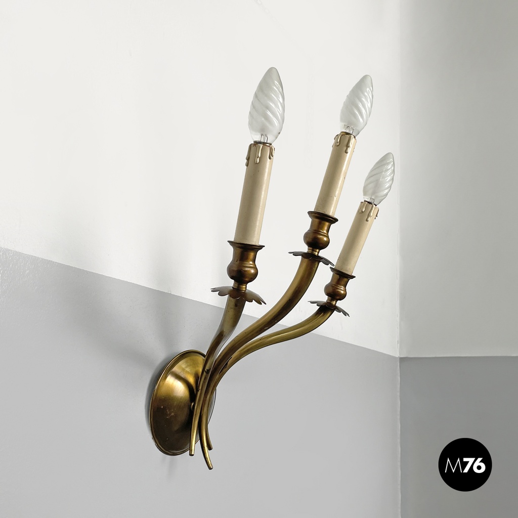 Italian modern three-armed decorated brass wall light with wooden candles, 1970s
