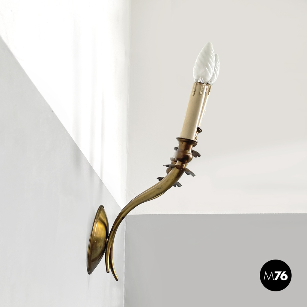 Italian modern three-armed decorated brass wall light with wooden candles, 1970s