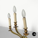 Italian modern three-armed decorated brass wall light with wooden candles, 1970s