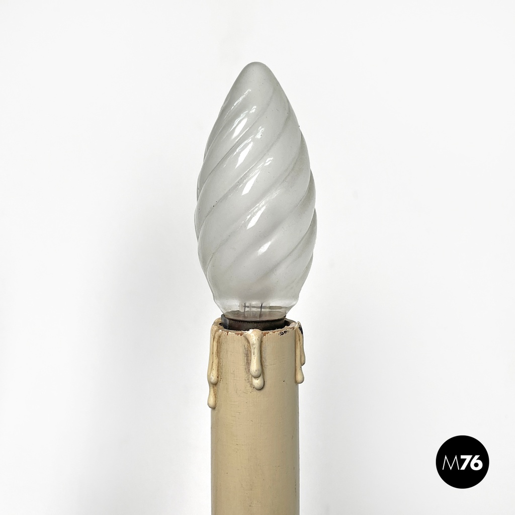 Italian modern three-armed decorated brass wall light with wooden candles, 1970s