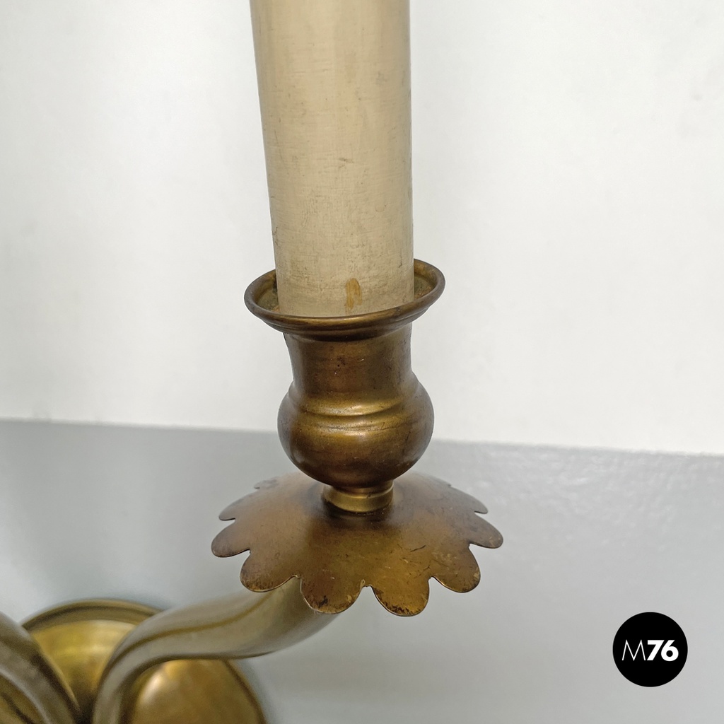 Italian modern three-armed decorated brass wall light with wooden candles, 1970s