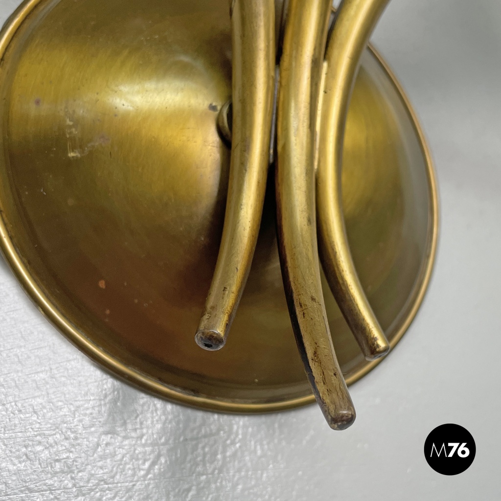 Italian modern three-armed decorated brass wall light with wooden candles, 1970s