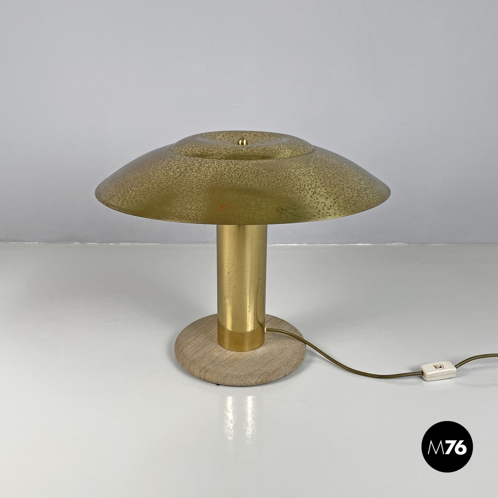 Italian modern golden brass table lamp with a round beige marble base, 1970s