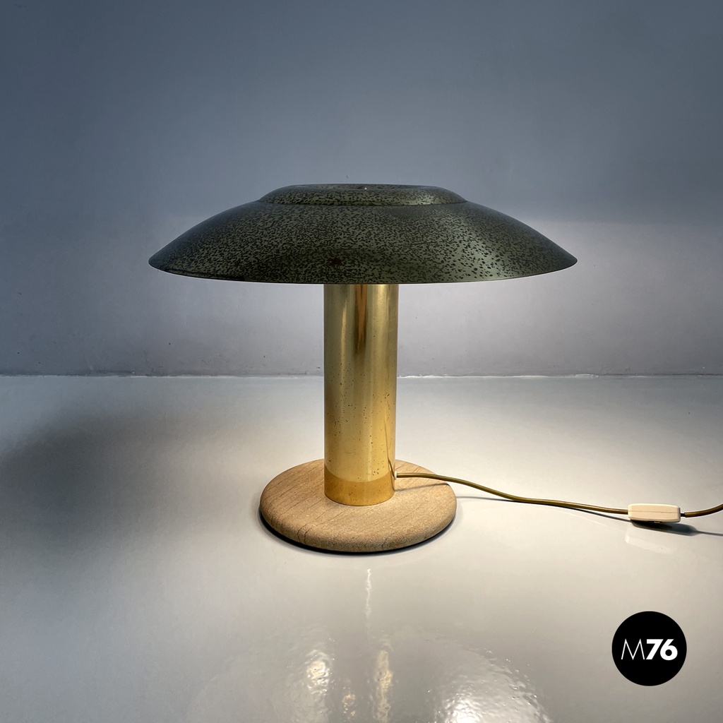 Italian modern golden brass table lamp with a round beige marble base, 1970s