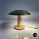 Italian modern golden brass table lamp with a round beige marble base, 1970s