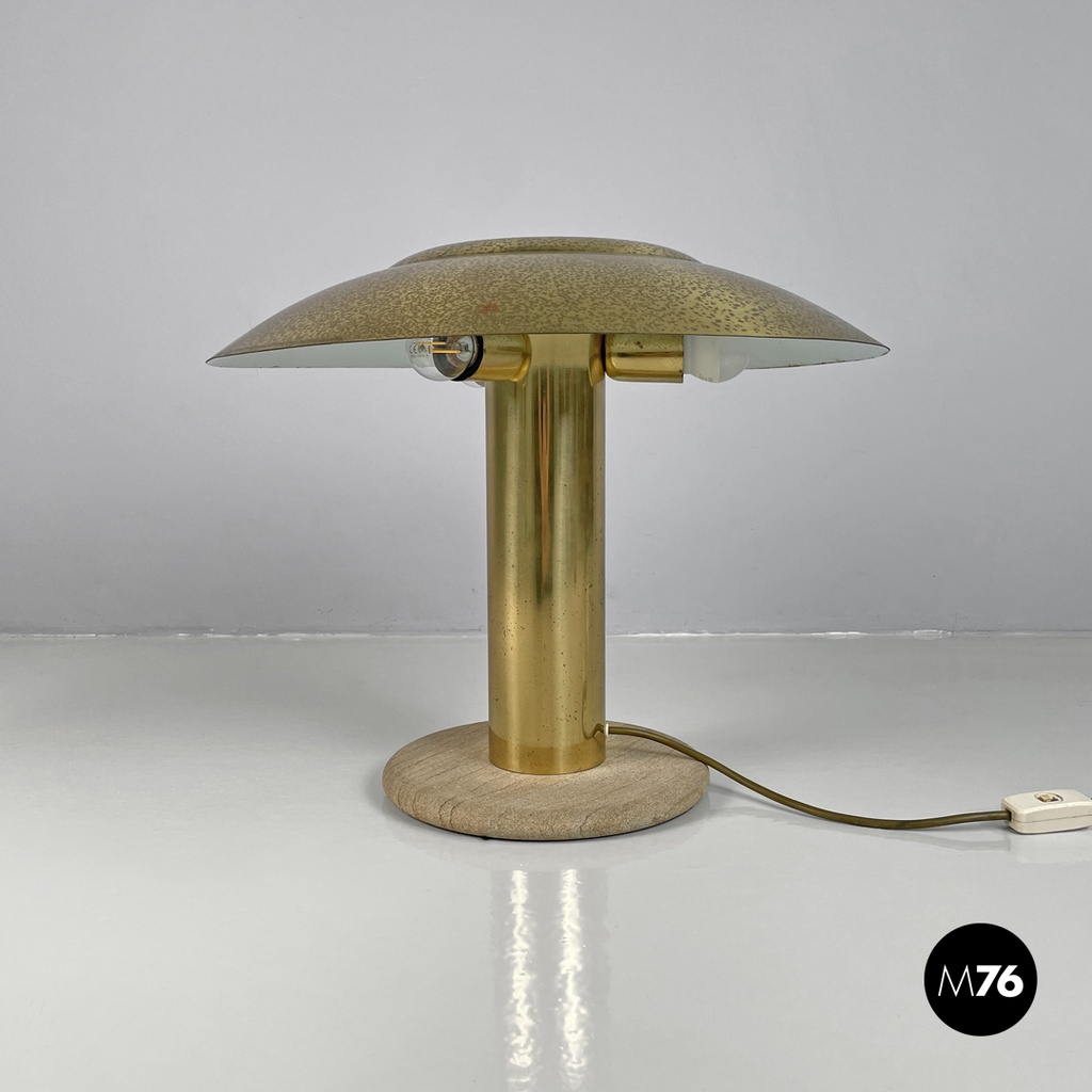 Italian modern golden brass table lamp with a round beige marble base, 1970s
