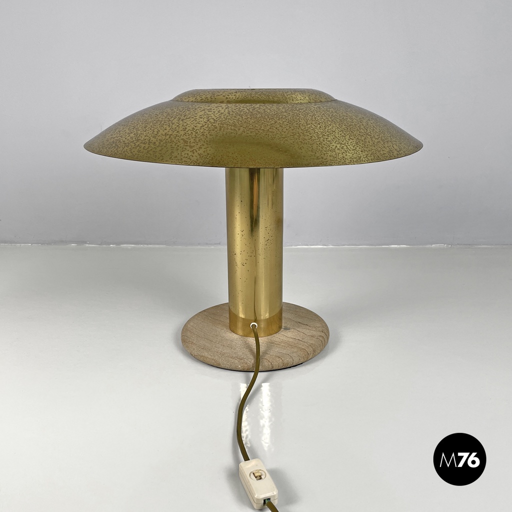 Italian modern golden brass table lamp with a round beige marble base, 1970s