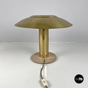 Italian modern golden brass table lamp with a round beige marble base, 1970s