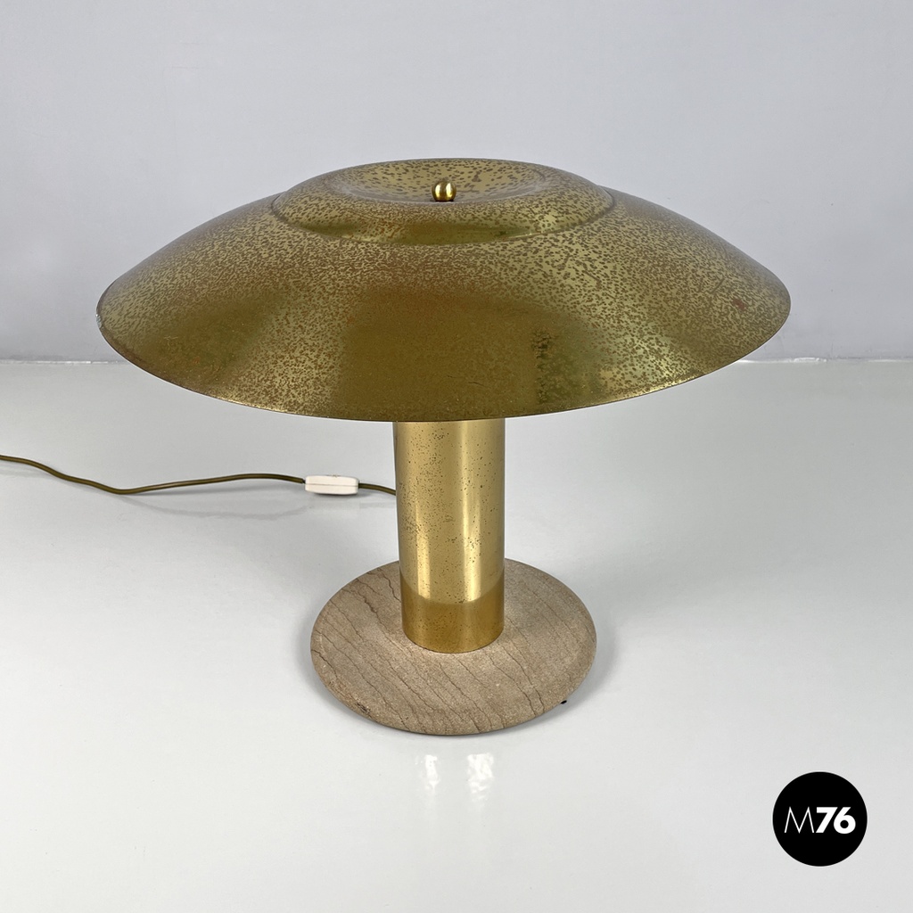 Italian modern golden brass table lamp with a round beige marble base, 1970s