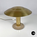 Italian modern golden brass table lamp with a round beige marble base, 1970s