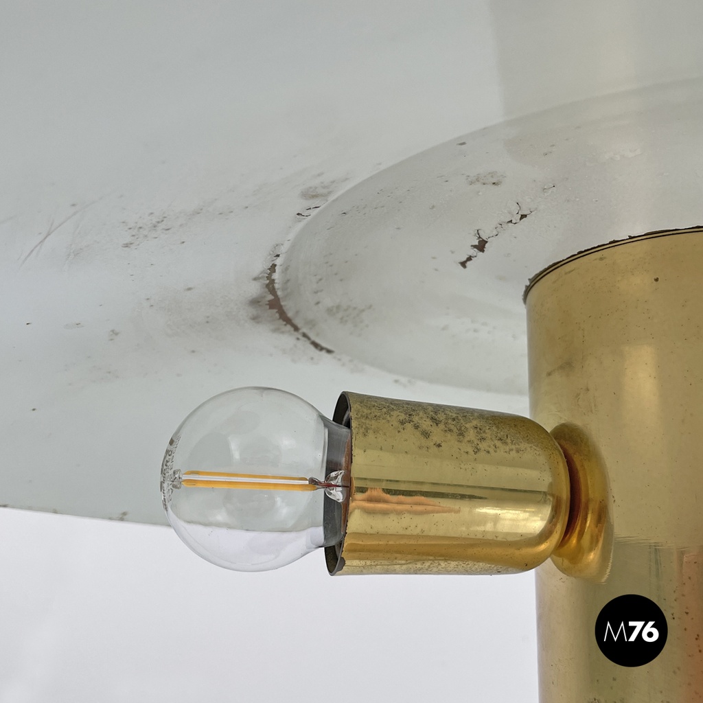 Italian modern golden brass table lamp with a round beige marble base, 1970s